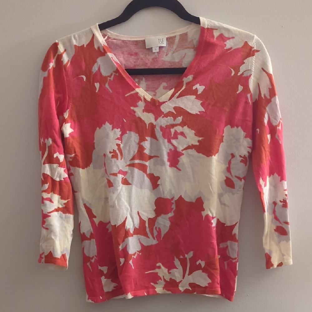 TSE Floral V-Neck Long Sleeve Top - Pink, Orange, Cream